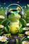 An adorable green frog with headphone, in a field of flowers at a starry night, cartoon style, fantasy, animal