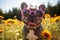 Adorable Grey French Bulldog Puppy Wearing Pink Sunglasses amidst Yellow Flowers