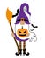 Adorable Halloween gnome with witch hat and broom - gnome with pumpkin lantern.