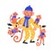 Adorable hand drawn monkey family in funny costume vector flat illustration. Cute cartoon wild animal father and many