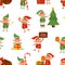 Adorable happy elves in festive costumes seamless pattern. Cute Santa helpers with Christmas gifts and decorations