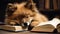 Adorable happy puppy sleeping with books on table.Concept of care, education, training, raising pets