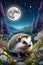 An adorable hedgehog in a whimsical valley, with moonlit, colorful wildflowers, starry sky, hill, tree, fantasy, cartoon, night