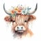 Adorable Highland Cow with Flower Crown Watercolor Illustration for Children\\\'s Books.