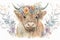 Adorable Highland Cow with Flower Crown Watercolor Illustration for Children\\\'s Books.