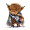 Adorable Highland Cow sporting a cozy plaid scarf Generative AI