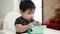 Adorable hispanic baby sitting on highchair holding spoon at home