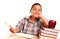 Adorable Hispanic Boy with Books, Apple, Pencil an