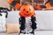 Adorable hispanic boy wearing skeleton costume holding pumpkin basket over face at home