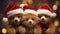 the adorable holiday spirit with three little cute puppies donning Santa Claus hats in a heartwarming scene.