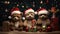 the adorable holiday spirit with three little cute puppies donning Santa Claus hats in a heartwarming scene.