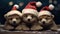 the adorable holiday spirit with three little cute puppies donning Santa Claus hats in a heartwarming scene.