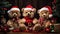 the adorable holiday spirit with three little cute puppies donning Santa Claus hats in a heartwarming scene.