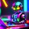 Adorable humanoid robot working on laptop. Multicolored neon lights, colorful background. Generative AI.