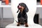 Adorable hungry dachshund puppy is sitting on chair, licking his lips and begging, blurred background. A well-fed