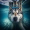 Adorable husky dog with blue eyes dives under water, muzzle close-up.