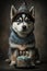 Adorable husky puppy. Pet in a triangular festive hat. Generative Ai