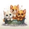 Adorable illustrated kittens in a water tub, surrounded by fresh flowers, exuding charm and intricate details.