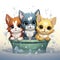 Adorable illustrated kittens in a water tub, surrounded by fresh flowers, exuding charm and intricate details.