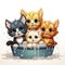 Adorable illustrated kittens in a water tub, surrounded by fresh flowers, exuding charm and intricate details.