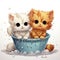 Adorable illustrated kittens in a water tub, surrounded by fresh flowers, exuding charm and intricate details.