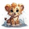 Adorable illustrated lion cub taking a bubbly bath, showcasing playful innocence and vibrant details.