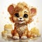 Adorable illustrated lion cub taking a bubbly bath, showcasing playful innocence and vibrant details.