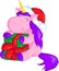 Adorable illustration of a cute little unicorn holding and hugging a Christmas present, beautifully colored, for children`s book
