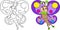 Adorable before and after kawaii drawing of a little butterfly, beautifully colored, for children`s coloring book or coloring game
