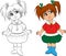 Adorable before and after Kawaii illustration of a little girl, in contour and in color, perfect for children`s coloring book
