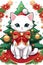 An adorable kawaii kitten with beautiful christmas tree and the ornaments, on white background, cartoon, sticker 2d cute, t-shirt