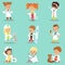 Adorable kids playing doctor set. Smiling little boys and girls dressed