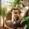 an adorable kitten comfortably perched on cat furniture beside a lush potted plant, all within a room adorned with a