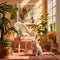 an adorable kitten comfortably perched on cat furniture beside a lush potted plant, all within a room adorned with a