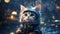 Adorable kitten with large eyes soaking wet from rain outside in future cyber city streets - generative AI