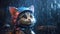 Adorable kitten with large eyes soaking wet from rain outside in future cyber city streets - generative AI