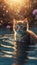 Adorable kitten swimming in water with golden sunlight reflections. Generative AI