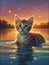 Adorable kitten swimming in water with golden sunlight reflections. Generative AI