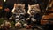 Adorable Kittens: Talented Musician Pianist Duo in a Dark Room with Flowers Ai generated