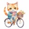 Adorable Knitted Kawaii Baby Cat Riding a Bike Watercolor Sketch for Children\\\'s Book.