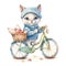 Adorable Knitted Kawaii Baby Cat Riding a Bike Watercolor Sketch for Children\\\'s Book.