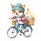 Adorable Knitted Kawaii Baby Dog Riding a Bike in Watercolor Sketch Illustration for Children\\\'s Book.