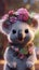 Adorable Koala Wearing a Lavender and Pink Headband in Colorful Animation Style .