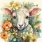 Adorable Lamb in a Garden of Flowers and Leaves Watercolor Illustration for Invitations and Posters