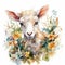 Adorable Lamb in a Garden of Flowers and Leaves Watercolor Illustration for Invitations and Posters