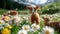 Adorable lamb holding a yellow flower in its mouth, standing in a sunlit field of wildflowers