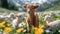 Adorable lamb holding a yellow flower in its mouth, standing in a sunlit field of wildflowers