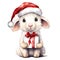 adorable lamb in a Santa hat holding a Christmas present, portrayed in a soft watercolor style on a white background