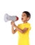 Adorable latin boy weraring a yellow t-shirt with a speaking with a megaphone