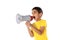 Adorable latin boy weraring a yellow t-shirt with a speaking with a megaphone